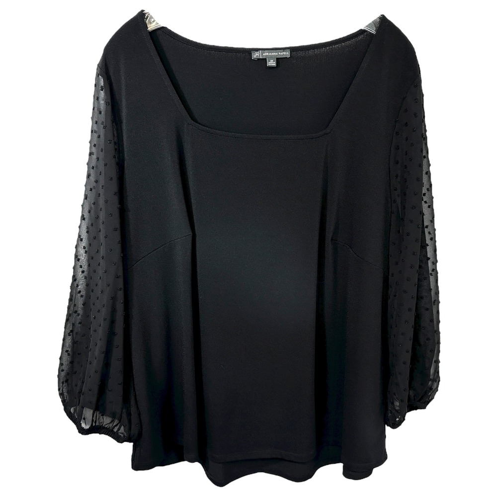 Adrianna Papell Plus Size‎ 2X Top Black Square Neck Swiss Dot Sleeve Career 806